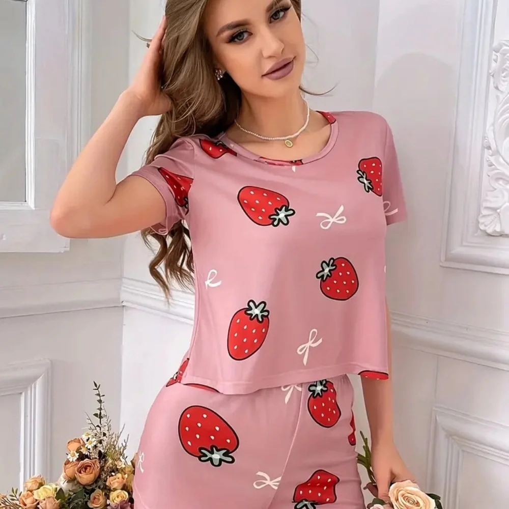 Strawberry Pajamas Short Sleeves Shorts Pants Pink Red White Women’s Size XL